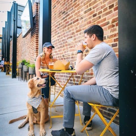 Couple enjoying a meal at outdoor table with their golden retriever puppy